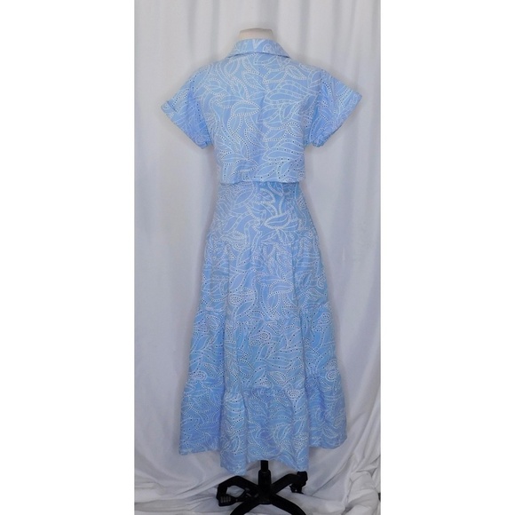 ZARA Embroidered Eyelet Lace Dress Light Blue White Tiered Midi Summer X-Small - Picture 10 of 16